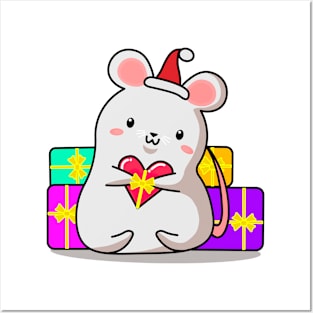 mouse with gifts, Christmas, new year, kawaii style. Posters and Art